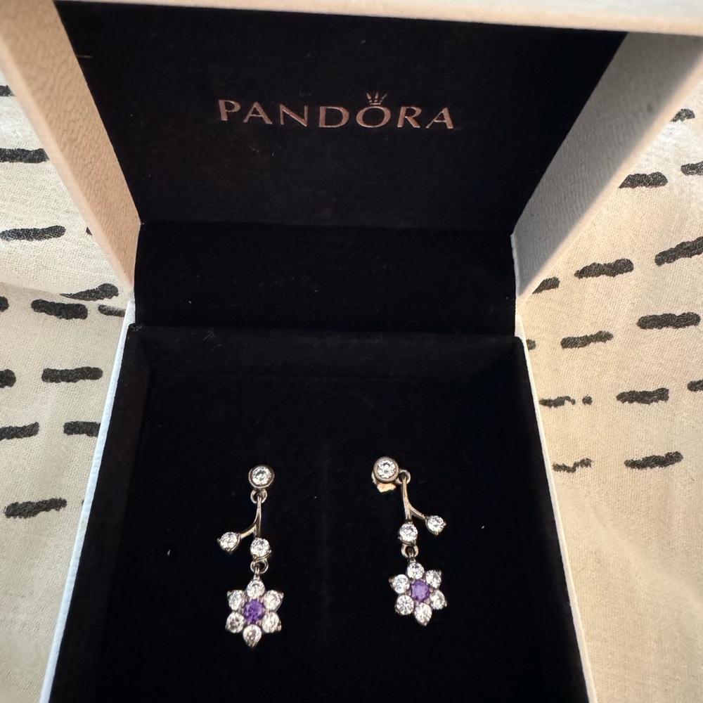 Pandora Silver and Purple Floral Earrings